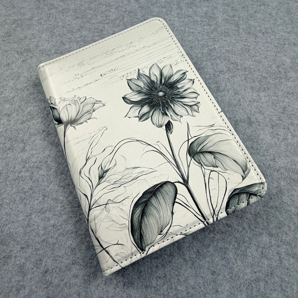 CoBak Kindle Basic Case Floral Sunflower Sketch Cream Book Cover with Hand Strap